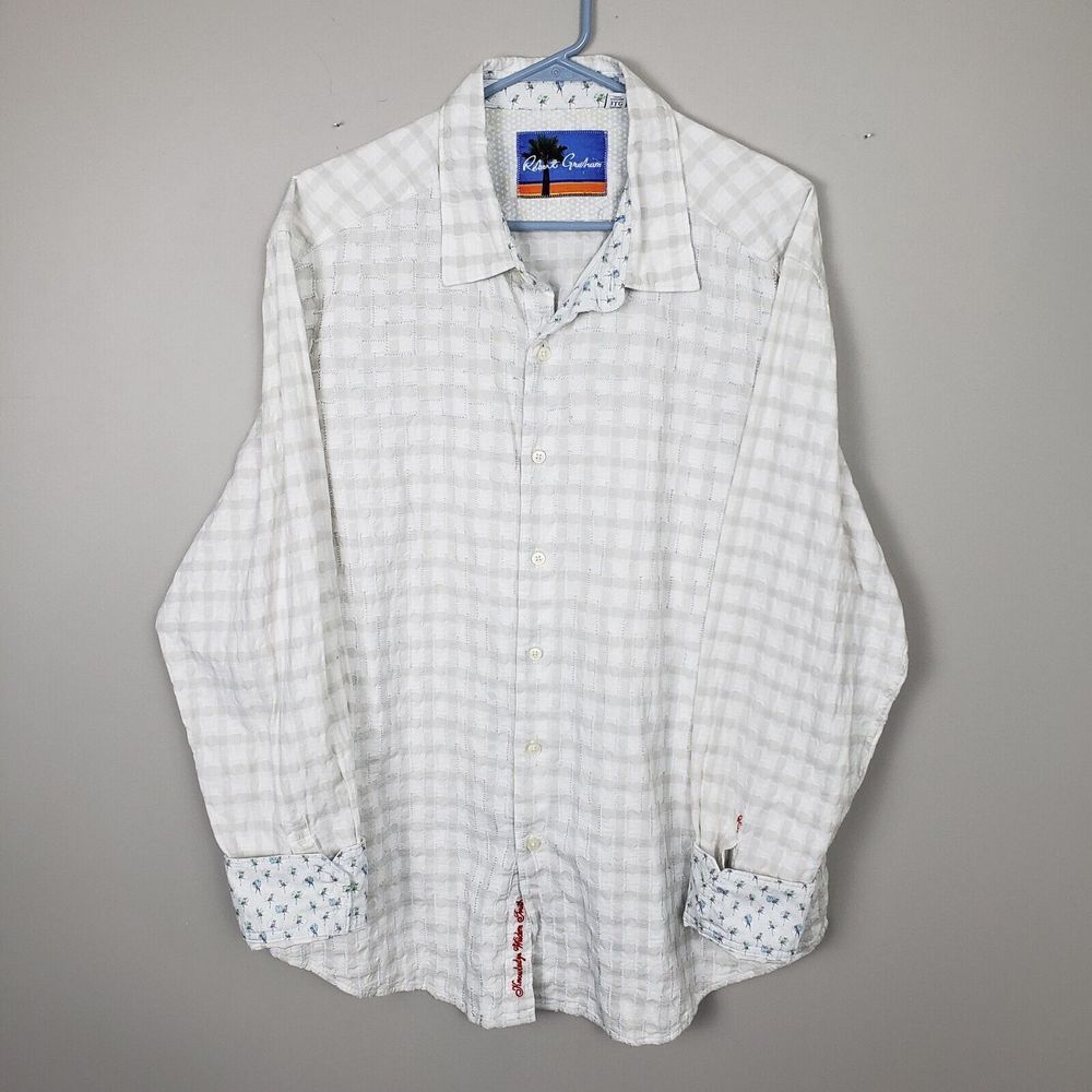 Robert Graham Mens 3XL Flip Cuff Shirt White Textured Seersucker Parrot Bird